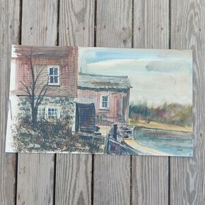 1970s Red Mill Clinton NJ Painting Watercolor Signed Gallo 27.5x16" Vintage Art